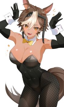 1girl absurdres alternate_costume animal_ears black_gloves black_leotard black_pantyhose bow bowtie brown_eyes brown_fur brown_hair commentary commission cropped_legs detached_collar elbow_gloves english_commentary fishnet_pantyhose fishnets gloves hair_between_eyes highres horse_ears horse_girl horse_tail leotard looking_at_viewer open_mouth pantyhose playboy_bunny rabbit_pose second-party_source short_hair shusuchii skeb_commission skirt smile solo tail teeth tomoe_umari tongue upper_teeth_only v-dere virtual_youtuber white_background wrist_cuffs yellow_bow yellow_bowtie