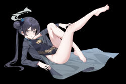 Rule 34 | 1girl, absurdres, barefoot, black dress, blue archive, breasts, butterfly hair ornament, china dress, chinese clothes, double bun, dragon print, dress, hair bun, hair ornament, halo, highres, jacket, kisaki (blue archive), legs, long hair, long sleeves, looking at viewer, pelvic curtain, small breasts, solo, striped clothes, striped jacket, twintails, yaxiya
