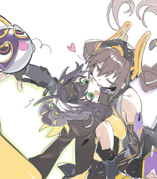 Rule 34 | 2girls, 3 ma me, ;p, arm around waist, black hair, blonde hair, blush stickers, breasts, brown hair, duel monster, elbow gloves, em:p meowmine, forehead protector, gloves, green eyes, helmet, highres, hug, i:p masquerena, large breasts, long hair, multiple girls, one eye closed, ponytail, purple eyes, s-force rappa chiyomaru, s:p little knight, scarf, tongue, tongue out, twintails, yu-gi-oh!, yuri