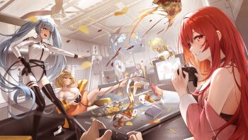 1boy 5girls anis_(nikke) blonde_hair blue_hair boots breasts brown_hair commander_(nikke) commentary_request controller elegg_(nikke) food game_controller goddess_of_victory:_nikke grey_hair highres holding holding_controller holding_game_controller indoors joystick large_breasts long_hair multiple_girls neon_(nikke) official_alternate_costume pizza pizza_slice pov pov_hands privaty_(nikke) rapi_(nikke) rapi_(red_hood)_(cherished_red)_(nikke) rapi_(red_hood)_(nikke) red_eyes red_hair sidelocks television thigh_boots twintails very_long_hair yellow_eyes zote_illust