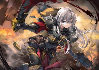 1girl adepta_sororitas ammunition animal_ears armor black_armor blood blue_eyes casing_ejection chainsaw closed_mouth commentary_request dot_mouth explosion feet_out_of_frame fighting fleur-de-lis fox_ears fox_tail grey_hair gun handgun_cartridge highres holding holding_chainsaw holding_gun holding_sword holding_weapon long_hair looking_at_viewer orange_sky original outdoors pauldrons sample_watermark shell_casing shoulder_armor sky solo submachine_gun sword tail warhammer_40k watermark weapon xun_li_eins