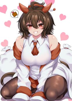 Rule 34 | 1girl, agnes tachyon (umamusume), akitsugu hisagi, animal ears, ascot, bare shoulders, blush, breasts, brown ascot, brown eyes, brown hair, brown pantyhose, coat, collared shirt, ear covers, full body, grin, hair between eyes, hat, heart, highres, horse ears, horse girl, horse tail, large breasts, long bangs, looking at viewer, medium hair, open clothes, open coat, orange skirt, pantyhose, sack, santa hat, seiza, shirt, sitting, skirt, sleeveless, sleeveless shirt, sleeves past fingers, sleeves past wrists, smile, solo, tail, umamusume, white coat, white hat, white shirt