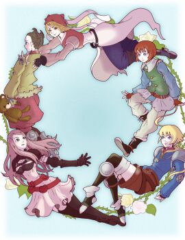 blonde_hair blue_eyes brown_eyes brown_hair character_request final_fantasy final_fantasy_tactics_advance fingerless_gloves flower gauntlets gender_request gloves green_eyes hair_ornament hairclip highres holding holding_toy marche_radiuju mewt_randell multiple_girls pouch ritz_malheur rose satori_ill stuffed_animal stuffed_toy teddy_bear toy white_flower white_rose