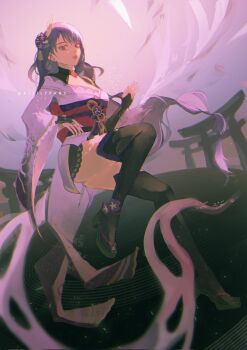 Rule 34 | 1girl, asymmetrical sleeves, black thighhighs, blunt bangs, braid, bridal gauntlets, commentary, english commentary, floating, from side, full body, genshin impact, hair ornament, highres, japanese clothes, kelilypans, kimono, lingerie, long braid, looking at viewer, looking to the side, mole, mole under eye, neck ribbon, purple background, purple eyes, purple hair, purple kimono, raiden shogun, red ribbon, red sash, ribbon, sash, shade, single braid, solo, thighhighs, thighs, underwear, uneven sleeves, wide sleeves