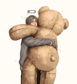 1boy arms_around_waist battery_indicator black_pants blonde_hair che_sue00 closed_eyes commentary cowboy_shot english_commentary grey_sweater highres hug hugging_doll hugging_object leon_s._kennedy male_focus own_hands_together pants resident_evil short_hair sleepy solo squeans stuffed_animal stuffed_toy sweater swept_bangs teddy_bear white_background