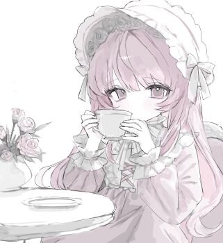 Rule 34 | 1girl, blunt bangs, collar, commentary, cup, dress, flower, frilled collar, frilled headwear, frilled sleeves, frills, highres, holding, holding cup, kitty 17a, long hair, looking at viewer, original, pink dress, pink eyes, pink hair, puffy sleeves, rose, saucer, sitting, solo, table, teacup, untranslatable commentary, vase, white background, white flower, white headdress, white rose