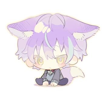 1boy animal_ear_fluff animal_ears black_pants blue_sweater_vest blush_stickers chibi chibi_only closed_mouth double-parted_bangs ears_down fox_boy fox_ears fox_tail frown full_body hair_between_eyes kamishiro_rui long_sleeves male_focus necktie pants project_sekai purple_hair shirt short_hair sitting solo striped_clothes striped_necktie sweater_vest tail uu_22233 white_shirt yellow_eyes