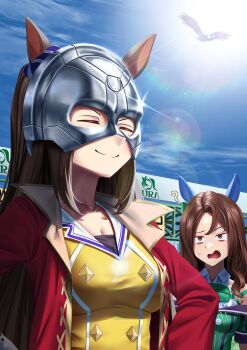 2girls absurdres animal_ears bird blue_sky blush bow breasts brown_hair cleavage closed_eyes closed_mouth cloud coat collarbone cosplay dc_comics dc_extended_universe dress ear_bow ear_covers ear_ribbon ear_scrunchie el_condor_pasa_(el_numero_1)_(umamusume) el_condor_pasa_(umamusume) green_bow green_dress hair_between_eyes hawk highres horse_ears horse_girl horseshoe_print jacket king_halo_(king_of_emeralds)_(umamusume) king_halo_(umamusume) long_hair long_sleeves mambo_(umamusume) manjo_(warito) mask medium_breasts metal_mask multiple_girls off-shoulder_dress off_shoulder open_mouth outdoors peacemaker_(dc) peacemaker_(dc)_(cosplay) peacemaker_(hbo_max) ponytail red_coat red_eyes red_jacket shirt sky smile starting_gate sweatdrop umamusume upper_body
