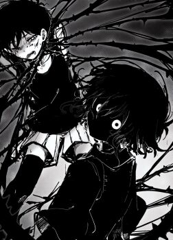 2boys amputee antenna_hair armless_amputee arms_at_sides arms_up asphyxiation bare_shoulders blood bruise bruise_on_face collared_shirt commentary double-parted_bangs double_amputee feet_out_of_frame from_behind grey_background hair_behind_ear hair_between_eyes hapr_(noneprice) injury looking_at_viewer looking_back male_focus multiple_boys official_alternate_eye_color omori omori_(omori) one_eye_closed open_mouth pinstripe_shorts shaded_face shirt short_hair short_sleeves shorts simple_background something_(omori) standing stranger_(omori) strangling sweat sweater_vest symbol-only_commentary tank_top teeth thighhighs thorns upper_body very_short_hair