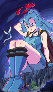 1boy 1girl arm_up blue_eyes blue_hair boots breasts cape clair_(pokemon) dakunart dragonair dynamax earrings female_focus full_body gen_1_pokemon gen_2_pokemon giant giantess gloves highres jewelry knee_boots large_breasts long_hair matching_hair/eyes nintendo pokemon pokemon_hgss ponytail sitting tyranitar