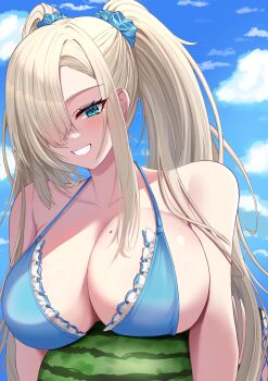 Rule 34 | 1girl, absurdres, asuna (blue archive), bare shoulders, bikini, blonde hair, blue archive, blue bikini, blue eyes, breast rest, breasts, byte-artist, carried breast rest, carrying, cleavage, cloud, food, fruit, hair ornament, hair over one eye, hair scrunchie, highres, large breasts, meme, mole, mole on breast, outdoors, scrunchie, smile, solo, swimsuit, teeth, twintails, valentine, watermelon