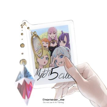 Rule 34 | 5girls, absurdres, blonde hair, blue eyes, blunt bangs, commentary, english commentary, gawr gura, hair ornament, hat, highres, holding, holding photo, hololive, hololive english, holomyth, jewelry, long hair, looking at viewer, mori calliope, multicolored hair, multiple girls, ninomae ina'nis, nornever me, orange hair, photo (object), pink eyes, pink hair, pov, purple eyes, purple hair, shark hair ornament, smile, streaked hair, takanashi kiara, twitter username, v, virtual youtuber, watson amelia