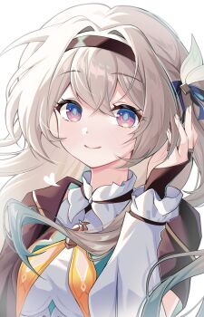 Rule 34 | 1girl, blue ribbon, bridal gauntlets, brown hairband, brown jacket, closed mouth, collared shirt, firefly (honkai: star rail), geumxxi, gradient hair, green pupils, grey hair, hair between eyes, hair intakes, hair ornament, hair ribbon, hairband, highres, honkai: star rail, honkai (series), jacket, long hair, multicolored eyes, multicolored hair, neckerchief, orange neckerchief, ribbon, shirt, simple background, single bridal gauntlet, smile, solo, two-tone eyes, white background, white shirt