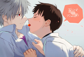 2boys blush brown_hair candy closed_eyes closed_mouth collared_shirt commentary_request dss_choker evangelion:_3.0_you_can_(not)_redo food from_side grey_background grey_hair ikari_shinji kannunu male_focus mouth_hold multiple_boys nagisa_kaworu neon_genesis_evangelion purple_shirt rebuild_of_evangelion red_eyes shirt short_hair speech_bubble teeth_hold upper_body white_shirt yaoi
