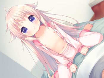 1boy 1girl :t ahoge barefoot blue_eyes blush buttons closed_mouth collarbone collared_shirt flat_chest full_body game_cg indoors large_variant_set loli long_hair long_sleeves looking_at_viewer navel nipples non-web_source open_clothes open_shirt pajamas pants pink_hair pink_pajamas pink_pants pink_shirt shirt sitting sitting_on_person solo_focus suzuka_(yubikiri_konyaku_roriita) usashiro_mani variant_set wariza yubikiri_konyaku_roriita