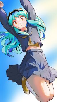 Rule 34 | 1girl, aqua hair, arms up, blue sailor collar, blue serafuku, blue shirt, blue skirt, commentary request, cone horns, horns, long hair, looking at viewer, lum, midriff peek, miz mus, neckerchief, orange eyes, pleated skirt, sailor collar, school uniform, serafuku, shirt, shoes, sidelocks, skirt, sneakers, socks, solo, urusei yatsura, white socks, yellow neckerchief