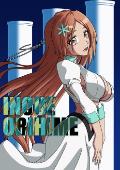 1girl artist_name bleach bleach:_sennen_kessen-hen breasts brown_eyes character_name cleavage cleavage_cutout clothing_cutout detached_sleeves female_focus hair_ornament hairclip inoue_orihime large_breasts long_hair long_skirt open_mouth orange_hair pillar puffy_sleeves saikiny skirt snowflake_hair_ornament teeth tongue upper_teeth_only wavy_hair