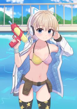 animal_ear_headphones animal_ears arm_out_of_sleeve belt_pouch bikini blonde_hair blue_eyes blue_jacket blue_panties blue_sky blush bra breasts cat_ear_headphones cat_ears cat_hair_ornament collarbone cowboy_shot fake_animal_ears fence gakkou_gurashi! hair_ornament hairpin hand_on_headphones headphones highres holding holding_water_gun jacket jacket_over_swimsuit looking_at_viewer multicolored_bra multiple_hairpins naoki_miki navel panties poolside pouch rokkii_(pixiv77873722) sky small_breasts smile swimsuit thighhighs thighs tree underwear water_gun white_jacket x_hair_ornament zipper