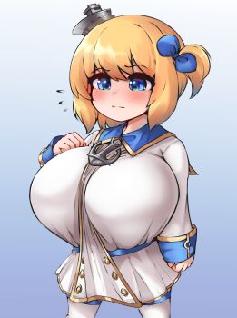 1girl alternate_breast_size_(larger) anchor azur_lane blonde_hair blue_bow blue_eyes blush bow breasts dress gold_trim gradient_background hair_bow hand_on_own_chest huge_breasts little_renown_(azur_lane) oppai_loli pldf renown_(azur_lane) side_ponytail solo thighhighs white_dress white_thighhighs