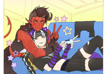 2girls animal_ear_headphones animal_ears arm_around_neck arm_warmers baldur's_gate baldur's_gate_3 belt black_gloves black_hair black_nails black_shirt black_skirt black_thighhighs broken_horn cat_ear_headphones cat_ears circlet colored_skin contemporary controller couch crop_top demon_girl demon_horns demon_tail dungeons_&amp;_dragons dungeons_&amp;_dragons elf fake_animal_ears game_controller gloves green_eyes headphones holding holding_controller holding_game_controller horns indoors karlach long_hair looking_at_viewer lying medium_hair multicolored_hair multiple_girls official_alternate_costume on_back on_couch pointy_ears red_skin shadowheart_(baldur's_gate) shirt sinwon_ms30 skirt slit_pupils smile star_(symbol) tail thighhighs tiefling two-tone_hair v yellow_eyes