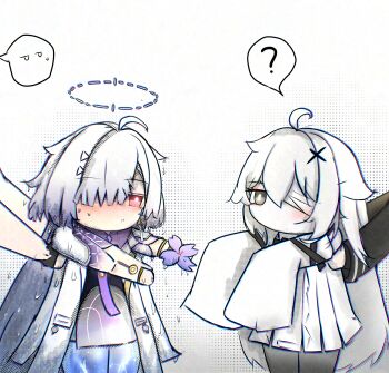 Rule 34 | 2boys, 2girls, ?, ahoge, bandage over one eye, black gloves, blush, chromatic aberration, closed mouth, commandant (pgr), commentary, dress, english commentary, flower, gloves, grey eyes, grey hair, grey pantyhose, hair ornament, halo, highres, holding, holding flower, jacket, kuro games, long hair, male rover (wuthering waves), mornye (wuthering waves), multiple boys, multiple girls, no. 21: xxi (pgr), no. 21 (pgr), pantyhose, punishing: gray raven, purple dress, purple flower, red eyes, rover (wuthering waves), sanx7, sleeves past fingers, sleeves past wrists, spoken question mark, very long hair, white dress, white jacket, wuthering waves, x hair ornament, yellow pupils