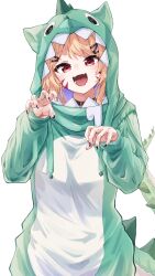 Rule 34 | 1girl, absurdres, blonde hair, blush, claw pose, collar, dinosaur costume, dinosaur hood, dinosaur tail, facial mark, fang, highres, hood, hood up, indie virtual youtuber, long hair, looking at viewer, open mouth, red eyes, second-party source, shyrei faolan, skin fang, solo, tail, u da desu, virtual youtuber, whisker markings, white background