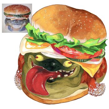 Rule 34 | bun (food), burger, colored sclera, commentary request, egg (food), food, food focus, frog, hanmenmi0 0, highres, lettuce, nintendo, no humans, original, photo inset, red eyes, reference inset, salmonid, simple background, splatoon (series), splatoon raiders, teeth, tomato, tongue, tongue out, white background, yellow sclera