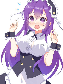 1girl @_@ animal_ears apron black_skirt black_wrist_cuffs blush bow breasts buttons center_frills cleavage collared_shirt commentary_request cowboy_shot d: dot_nose double-breasted dress dutch_angle fake_animal_ears fleur_de_lapin_uniform flying_button frilled_dress frilled_hairband frills furrowed_brow gochuumon_wa_usagi_desu_ka? hair_between_eyes hairband hands_up highres kina_kinako large_breasts long_eyelashes long_hair looking_at_self looking_down lop_rabbit_ears maid maid_apron maid_headdress medium_eyebrows open_mouth popped_button purple_hair rabbit_ears shirt short_sleeves shoulder_strap simple_background skirt solo tearing_up tedeza_rize underbust very_long_hair wavy_mouth white_apron white_background white_bow white_shirt wrist_cuffs