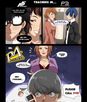 3girls 4boys age_difference amamiya_ren assertive_female black_hair blue_hair blush breasts english_text grey_hair hanamura_yousuke highres karbuitt kashiwagi_noriko kawakami_sadayo large_breasts mature_female multiple_boys multiple_girls narukami_yu persona persona_3 persona_4 persona_5 speech_bubble teacher teacher_and_student toriumi_isako yuuki_makoto_(persona_3)