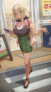 absurdres automatic_door black_scrunchie black_shirt black_shoes blonde_hair blush borrowed_character breasts brown_cardigan brown_eyes cardigan cellphone cleavage collarbone commission commissioner_upload crosswalk ear_piercing earrings fingernails full_body gradient_hair gyaru gyaru_v hair_ornament hair_scrunchie high-waist_skirt highres holding holding_phone jewelry large_breasts long_hair long_sleeves looking_at_viewer low_twintails mikazon multicolored_hair multiple_earrings necklace non-web_source off-shoulder_cardigan off_shoulder original phone piercing pink_hair plaid_clothes plaid_skirt scrunchie shirt shirt_tucked_in shoes shop sidelocks sign skirt smartphone smile solo spaghetti_strap standing sugisaki_emma twintails v