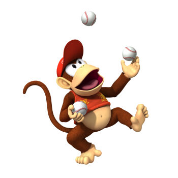 3d absurdres ape banana baseball black_eyes diddy_kong donkey_kong_(series) donkey_kong_country food fruit hat highres juggling mario_(series) monkey nintendo no_humans official_art super_mario_bros._1 tail white_background