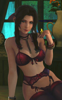 1girl 3d absurdres aerith_gainsborough azniel_starkill bra bracelet breasts brown_hair choker cleavage clock final_fantasy final_fantasy_vii final_fantasy_vii_remake flower gainsborough_house garter_belt garter_straps green_eyes hair_ribbon highres holding holding_flower jewelry lingerie medium_breasts necklace panties parted_bangs pink_ribbon red_bra red_legwear red_panties ribbon sidelocks sitting smile solo square_enix underwear upper_body vase wavy_hair window
