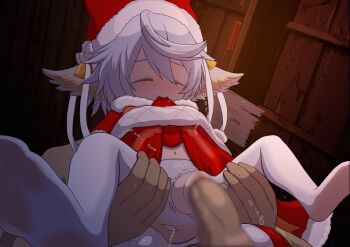 1boy 1girl animal_ears animated animated_gif bell blur_censor blush censored christmas closed_eyes clothes_lift clothing_aside dress dress_lift fur_trim granblue_fantasy grey_hair harvin hat hetero lifting_own_clothes lli_tt loli mosaic_censoring mouth_hold navel no_shoes nose_blush pantyhose penis pussy pussy_juice red_dress reverse_suspended_congress santa_costume santa_dress santa_hat sex sex_from_behind short_hair soles solo_focus spread_legs tears testicles torn_clothes torn_pantyhose vaginal wamdus_(granblue_fantasy) white_pantyhose