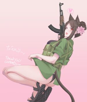 1girl absurdres ak-47 ammunition_pouch animal_ears assault_rifle bare_legs belt black_bra black_panties black_sandals blush bra brown_eyes brown_hair cat_ears cat_girl cat_tail flower green_jacket gun hair_bun hair_flower hair_ornament heart highres holding holding_gun holding_weapon jacket kalashnikov_rifle lifting_own_clothes load_bearing_equipment military_combat_uniform military_uniform muv-luv muv-luv_alternative nguyen_tam_lee no_pants open_mouth panties people's_army_of_vietnam pham_thi_ran pink_background pink_flower pouch rifle sandals schwarzesmarken sidelocks sleeves_rolled_up spoken_heart squatting tail thighs trigger_discipline underwear weapon