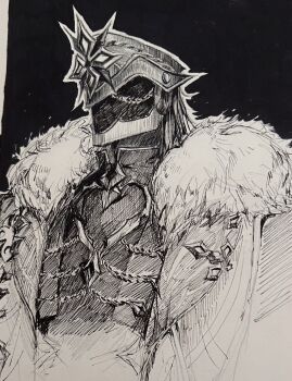 1boy avv_s black_background cape capitano_(genshin_impact) collared_shirt commentary english_commentary fur-trimmed_cape fur_trim genshin_impact greyscale helmet highres male_focus monochrome shirt solo traditional_media unfinished