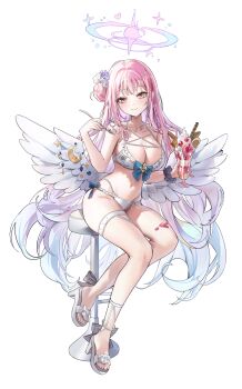 1girl absurdres angel_wings bare_shoulders bikini black_scrunchie blue_archive blue_bow blush bow breasts cleavage closed_mouth collarbone commentary cookie cross cup dessert feathered_wings flower food food_on_body food_on_legs footwear_bow frilled_bikini frills glint gradient_hair hair_bun hair_flower hair_ornament hair_ribbon halo highres holding holding_cup holding_spoon ice_cream large_breasts long_hair looking_at_viewer low_wings mika_(blue_archive) multi-strapped_bikini_top multicolored_hair mungduck pink_hair pink_halo purple_flower ribbon scrunchie shoes simple_background single_side_bun sitting smile solo spoon stool sundae swimsuit thigh_strap thighs trinity_general_school_logo white_background white_bikini white_bow white_ribbon white_shoes white_wings wings wrist_scrunchie yellow_eyes