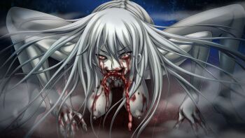 blood breasts cannibalism colored_skin eating grand_guignol_no_yoru grey_skin large_breasts monster monster_girl nipples nude outdoors squatting tinkerbell white_eyes
