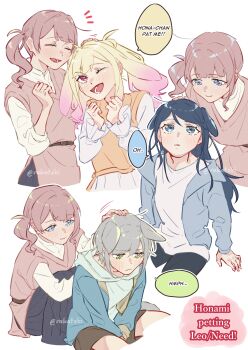 4girls absurdres animal_ears arm_support asymmetrical_sidelocks belt black_pants blonde_hair blue_eyes blue_hair blue_jacket blunt_bangs blush brown_belt brown_hair brown_shorts brown_sweater_vest clenched_hands closed_eyes closed_mouth colored_speech_bubble commentary cropped_legs dog_ears dog_girl english_commentary english_text floppy_ears gradient_hair green_eyes grey_hair hands_up headpat highres hinomori_shiho hood hood_down hoodie hoshino_ichika_(project_sekai) jacket kemonomimi_mode leo/need_(project_sekai) long_hair long_sidelocks long_sleeves looking_at_another looking_down looking_up lower_teeth_only mochizuki_honami motion_lines multicolored_hair multiple_girls one_eye_closed open_clothes open_jacket open_mouth orange_sweater pants pink_hair polyamory project_sekai rakatzki red_eyes shirt short_hair shorts side_ponytail sidelocks simple_background sitting sleeveless sleeveless_sweater smile speech_bubble sweater sweater_vest t-shirt tail teeth tenma_saki twintails twitter_username white_background white_shirt wolf_ears wolf_girl wolf_tail