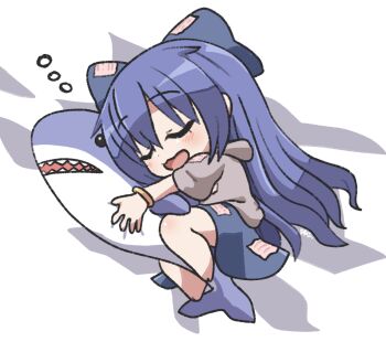 1girl :3 :d bangle barefoot blue_bow blue_eyes blue_hair blue_skirt blush bow bracelet chibi chibi_only closed_eyes commentary_request full_body grey_hoodie hair_bow hood hood_down hoodie hugging_object jewelry long_hair lying on_bed on_side open_mouth rokugou_daisuke short_sleeves signature skirt sleeping smile solo squeans stuffed_animal stuffed_shark stuffed_toy touhou very_long_hair yorigami_shion