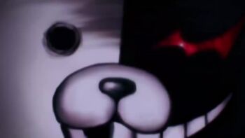 1boy 2girls alternate_universe animated blood blood_on_face bow danganronpa_(series) danganronpa_2:_goodbye_despair gatling_gun green_eyes gun gunshot_wound koizumi_mahiru komatsuzaki_rui monokuma monomi_(danganronpa) multiple_girls official_style outdoors rabbit_ears red_hair scared sound sozzaydr stuffed_animal stuffed_toy sweat sweatdrop tagme teddy_bear tree video weapon