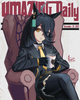 1girl ahoge animal_ears artist_name atarax_art belt black_belt black_choker black_gloves black_hair black_pantyhose black_skirt choker closed_mouth collared_shirt contrast_collar cover cup ear_ornament ear_tag earrings fake_magazine_cover gloves grey_hair hair_between_eyes highres holding holding_cup horse_ears horse_girl jewelry long_hair long_hair_between_eyes long_sleeves looking_at_viewer magazine_cover manhattan_cafe_(creeping_shadow)_(umamusume) manhattan_cafe_(umamusume) mug multicolored_hair necktie pantyhose pleated_skirt shirt signature single_earring skirt smile solo steam steaming_body umamusume yellow_eyes yellow_necktie