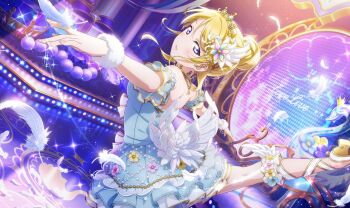 1girl alternate_hairstyle aqua_dress aqua_footwear aqua_ribbon aqua_scrunchie aqua_skirt artist_request ayase_eli bare_legs bare_shoulders blonde_hair blue_eyes blush bow braid breasts cleavage collarbone crown_braid dancer dress dress_bow feather_hair_ornament feathers female_focus hair_between_eyes hair_bun hair_ornament highres jewelry long_hair looking_at_viewer love_live! love_live!_school_idol_festival love_live!_school_idol_festival_all_stars love_live!_school_idol_project nail_polish nails necklace outstretched_arms parted_lips pearl_necklace pink_nails ponytail puffy_short_sleeves puffy_sleeves ribbon ribbon-trimmed_legwear ribbon_trim scrunchie short_sleeves single_hair_bun skirt solo tiara white_feathers white_scrunchie wrist_scrunchie