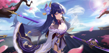1girl absurdres blue_sky blunt_bangs branch breasts bridal_gauntlets clothing_cutout cloud cloudy_sky commentary engulfing_lightning_(genshin_impact) genshin_impact hair_ornament highres holding holding_polearm holding_weapon japanese_clothes kimono lingerie looking_at_viewer magnister mitsudomoe_(shape) neck_ribbon off_shoulder outdoors polearm purple_eyes purple_hair purple_kimono purple_thighhighs raiden_shogun red_ribbon red_sash ribbon sash shoulder_cutout sky solo standing sun thighhighs tomoe_(symbol) tree underwear upper_body weapon