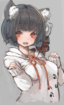 1girl alternate_costume animal_ear_fluff animal_ears azur_lane black_hair bob_cut breasts cat_ears cat_mask commentary_request cropped_torso evil_smile eyeshadow fang grey_background highres hood hood_down hoodie long_sleeves looking_at_viewer makeup mask mask_on_head medium_breasts nyucha open_mouth paw_print paw_print_pattern pinching_sleeves red_eyes red_eyeshadow short_hair simple_background sleeves_past_wrists smile solo upper_body w_arms white_hoodie yamashiro_(azur_lane)