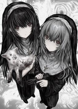 2girls baby_animal bags_under_eyes black_hair blood chan8016 cross cross_necklace grey_hair gun highres holding holding_gun holding_weapon jewelry lamb long_bangs mole mole_under_eye multiple_girls necklace nun original pale_skin sheep shoes weapon