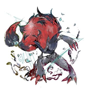 1other animal_ears black_fur black_hair blue_eyes bwmtk1110 claws fox_ears full_body furry gen_5_pokemon grey_fur hair_ornament highres long_hair looking_at_viewer multicolored_hair neck_fur nintendo pokemon pokemon_(creature) red_fur red_hair simple_background snout solo sphere_hair_ornament standing two-tone_hair white_background zoroark