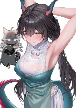 1other 2girls absurdres animal_ears animalization arknights arknights:_endfield arms_up bare_arms bare_shoulders bird_ears bird_girl black_hair blue_eyes blue_horns blue_tail blush breasts chen_qianyu_(arknights) closed_mouth commentary cowboy_shot dragon_girl dragon_horns dragon_tail eastern_dragon_horns eastern_dragon_tail endministrator_(arknights) english_commentary eye_mask highres horns large_breasts long_hair looking_at_viewer mask molyb multiple_girls off_shoulder perlica_(arknights) red_horns red_tail sideboob simple_background smile standing sweat tail thumbs_up twintails white_background