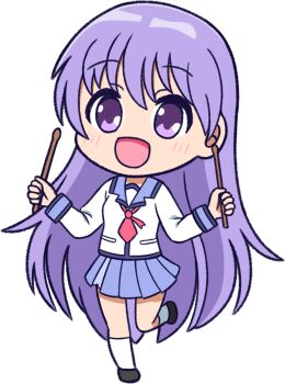Rule 34 | 1girl, :d, angel beats!, blue skirt, blush, chibi, chibi only, commentary request, drumsticks, dual wielding, full body, hair between eyes, hands up, happy, highres, holding, holding drumsticks, irie miyuki, kneehighs, long hair, long sleeves, looking at viewer, miniskirt, open mouth, pleated skirt, purple eyes, purple hair, shinda sekai sensen uniform, simple background, skirt, smile, socks, solo, standing, standing on one leg, straight hair, transparent background, user uvgr2282, very long hair, white socks