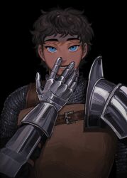 Rule 34 | 1boy, absurdres, armor, black background, brown hair, chainmail, commentary, dark-skinned male, dark skin, dungeon meshi, english commentary, gauntlets, hand to own mouth, hand up, highres, joko boo, kabru, looking at viewer, male focus, open mouth, pauldrons, short hair, shoulder armor, simple background, single pauldron, upper body, yellow eyes