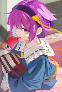 Rule 34 | 1girl, :d, absurdres, black hairband, black ribbon, blue shirt, book, commentary, frilled sleeves, frills, hair ornament, hairband, heart, heart hair ornament, highres, holding, holding book, indoors, kanpa (campagne 9), komeiji satori, long sleeves, looking at viewer, open mouth, pink hair, pink skirt, purple eyes, ribbon, ribbon-trimmed collar, ribbon trim, shirt, short hair, skirt, smile, solo, third eye, touhou, upper body, upturned eyes